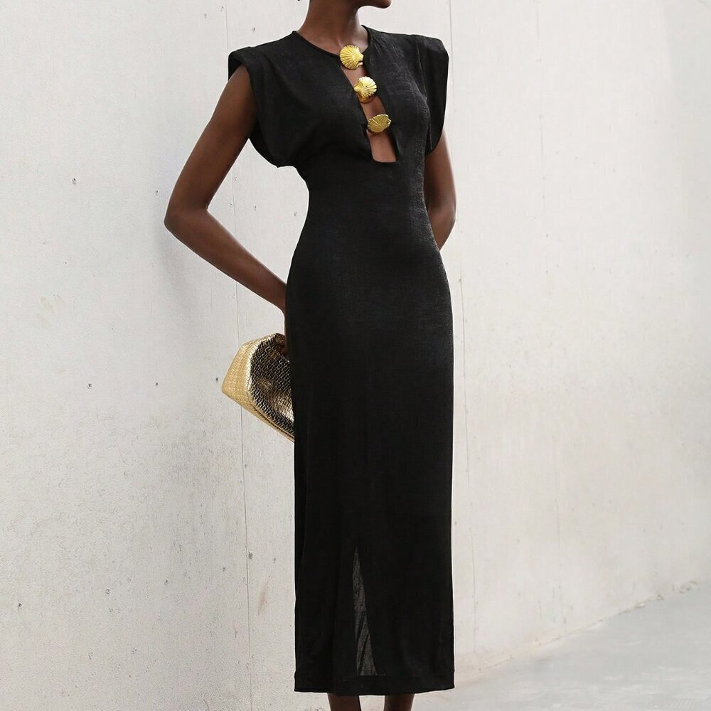 Black Elegant Women's Bodycon Long Dress Puff Sleeves Crew Neck - Picture 4 of 7